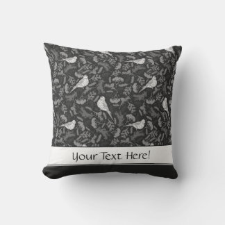 Bright Black and Winter White Birds Floral Pattern Cushion