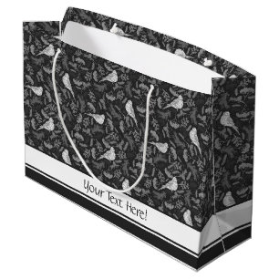 Bright Black and Winter White Birds Floral Pattern Large Gift Bag