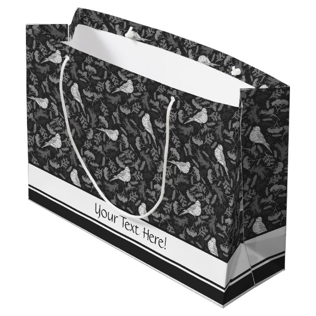 Bright Black and Winter White Birds Floral Pattern Large Gift Bag (Back Angled)