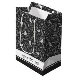 Bright Black and Winter White Birds Floral Pattern Medium Gift Bag