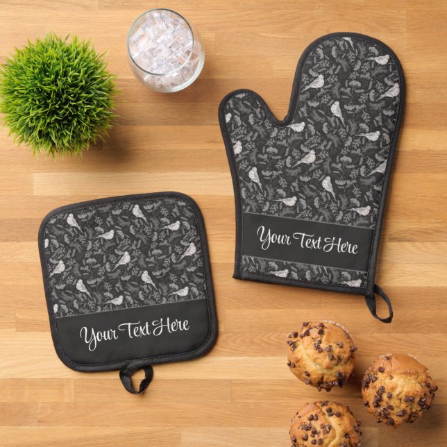 Bright Black and Winter White Birds Floral Pattern Oven Mitt & Pot Holder Set (Top Down)