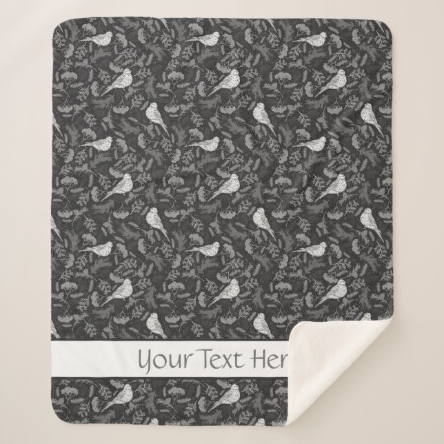 Bright Black and Winter White Birds Floral Pattern Sherpa Blanket (Front)