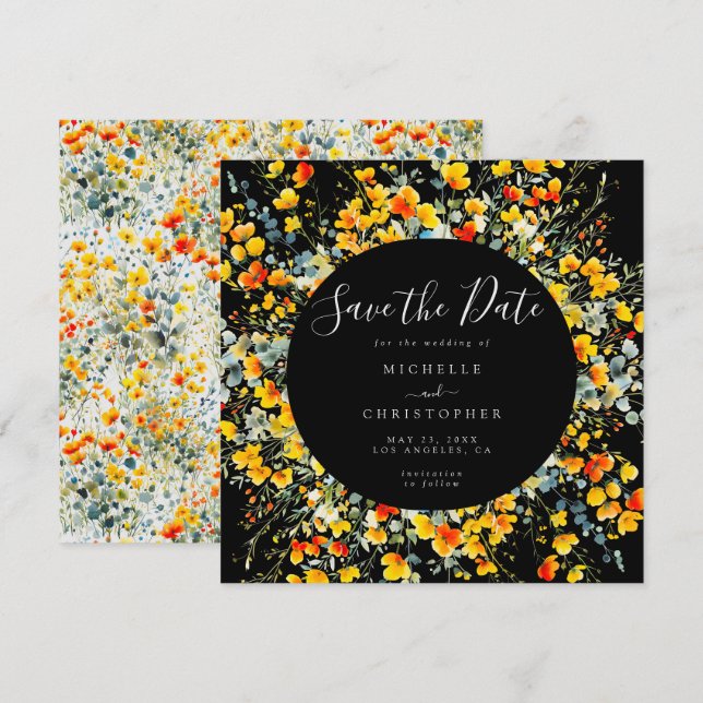 Bright Black Floral Square Wedding Save The Date (Front/Back)
