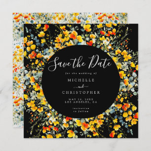 Bright Black Floral Square Wedding Save The Date