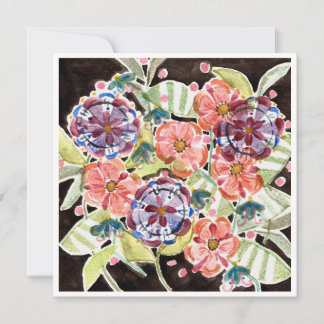 Bright Black Floral Watercolor Flat Unfolded Card