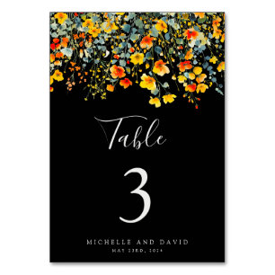 Bright Black Floral Wedding Table Number