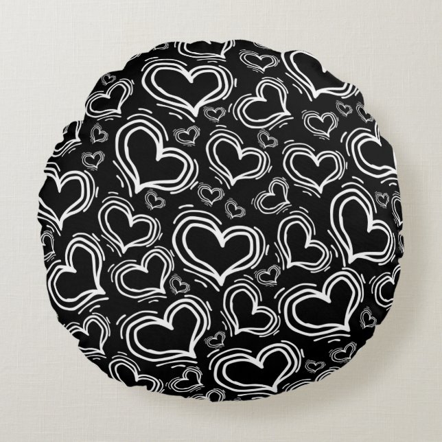 BRIGHT BLACK WITH WHITE HEARTS AND FLOWERS ROUND CUSHION (Front)