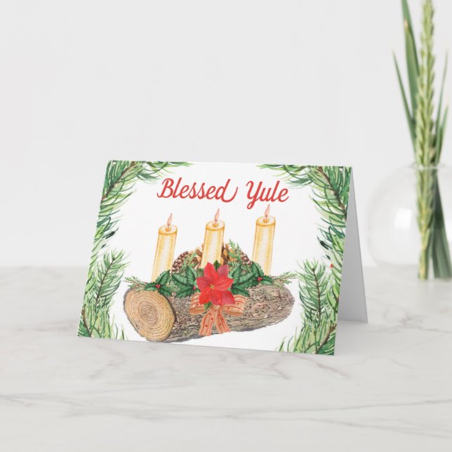 Bright Blessed Yule Log Pagan Wicca Holiday Card (Front)