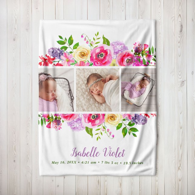 Bright Blooms 3 Photo Baby Name Fleece Blanket (Creator Uploaded)