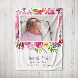 Bright Blooms Baby Girl Birth Stat Photo Fleece Blanket