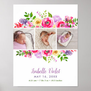Bright Blooms Baby Girl Birth Stat Photo Poster