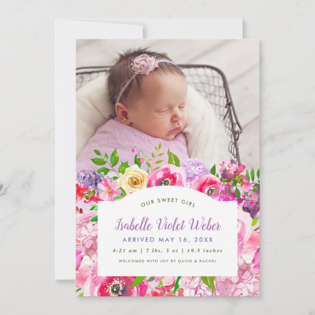 Bright Blooms Baby Girl Photo Birth Announcement (Front)