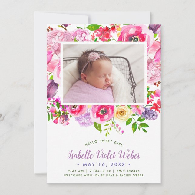 Bright Blooms Baby Girl Photo Birth Announcement (Front)