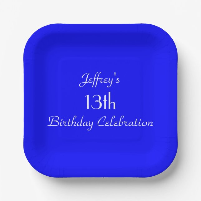 Bright Blue 13th Birthday Party Name Simple Square Paper Plate (Front)