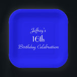 Bright Blue, 16th Birthday Party, Name, Square Paper Plate<br><div class="desc">A solid bright blue background decorates this minimalist, unique and fun party paper plate. Although default says "16th Birthday", you can easily change the text for name, # of years, and event. Choose square or round. Matching tablecloth and paper napkins available on zazzle at SocolikCardShop. Simple, minimalist design. All Rights...</div>