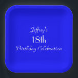 Bright Blue, 18th Birthday Party Minimalist Square Paper Plate<br><div class="desc">A solid bright blue background decorates this unique and fun simple minimalist party paper plate. Although default says "18th Birthday", you can easily change the text for name, # of years, and event. Choose square or round. Matching tablecloth and paper napkins available on zazzle at SocolikCardShop. All Rights Reserved ©...</div>