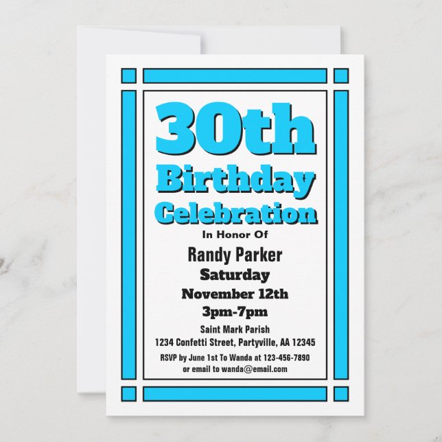 Bright Blue 30th Birthday Invitation (Front)