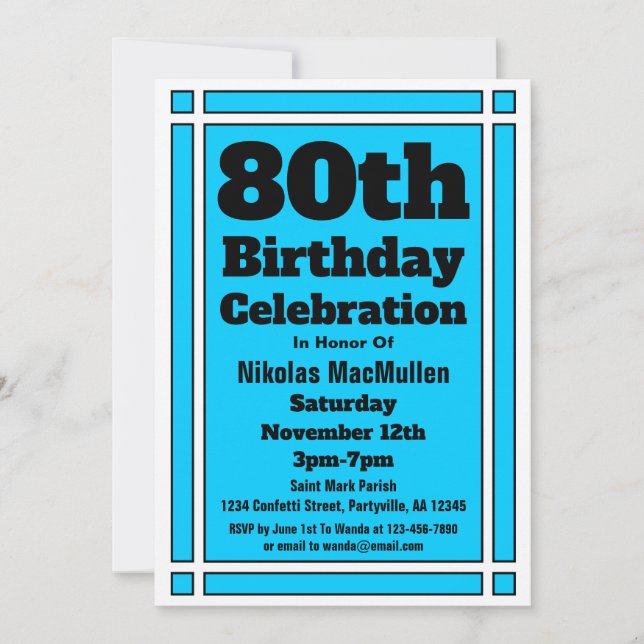 Bright Blue 80th Birthday Invitation (Front)