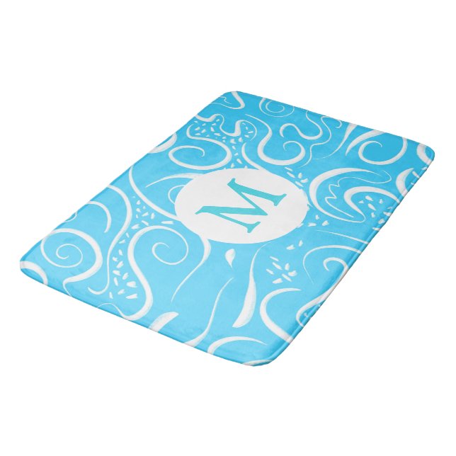 Bright Blue Abstract Swirls Pattern Monogram Bath Mat (Angled)