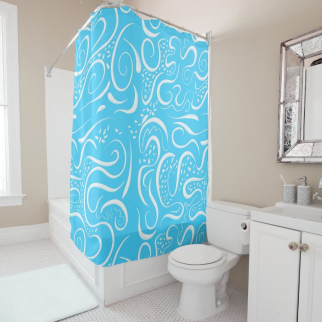 Bright Blue Abstract Swirls Pattern Shower Curtain (In Situ)