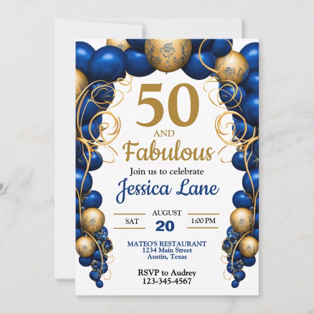 Bright Blue and Flat Gold Birthday Party Invitation (Front)
