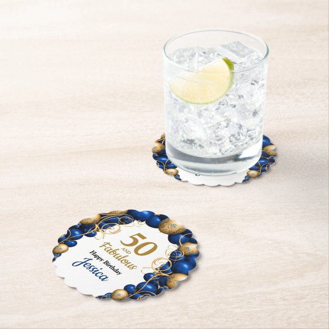Bright Blue and Flat Gold Birthday Party Paper Coaster (Insitu)