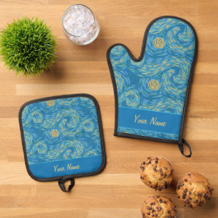 Bright Blue And Golden Yellow Van Gogh Sun and Sky Oven Mitt & Pot Holder Set