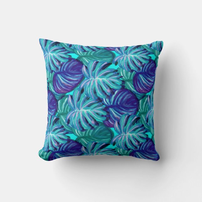 Bright Blue and Green Palm Tree Leaf Cushion (Front)