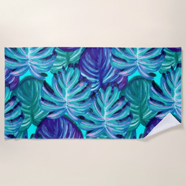 Bright Blue and Green Palm Tree Leaves Luggage Bea Beach Towel (Front)
