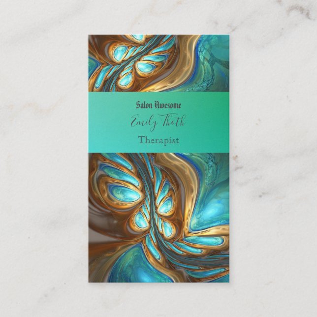 bright blue and green with peacock images business card (Front)