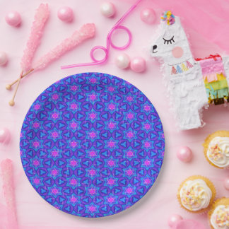 Bright blue and hot pink colourful pattern paper plate