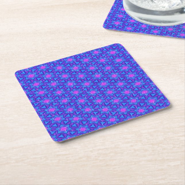 Bright blue and hot pink colourful pattern square paper coaster (Angled)