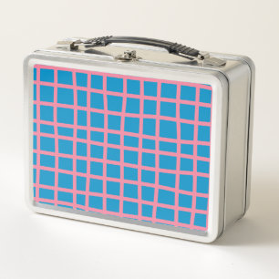 Bright Blue and Pink Abstract Grid Lines Pattern Metal Lunch Box