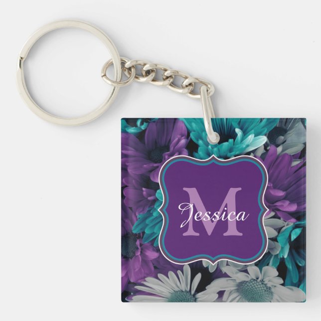 Bright Blue and Purple Flowers Personalised Key Ring (Front)