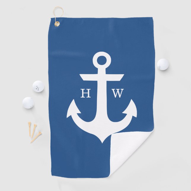Bright Blue and White Anchor Monogram Golf Towel (InSitu)