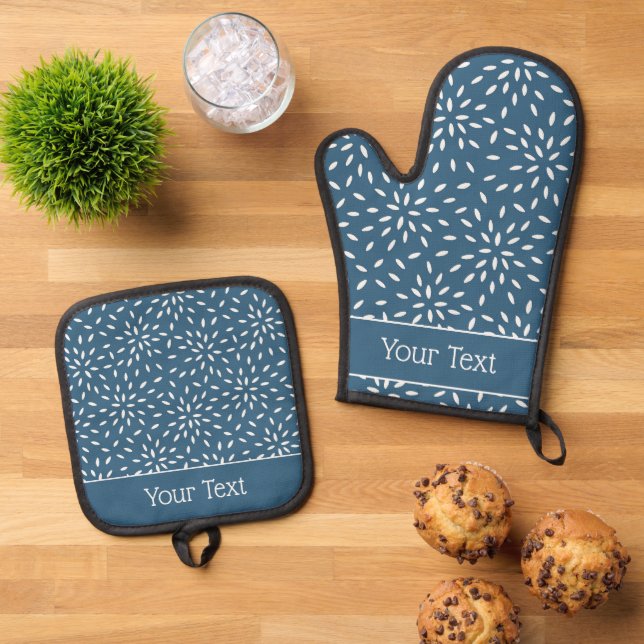 Bright Blue and White Confetti Floral Pattern Oven Mitt & Pot Holder Set (Top Down)