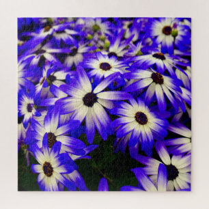Bright Blue and White Digital Flowers Jigsaw Puzzle