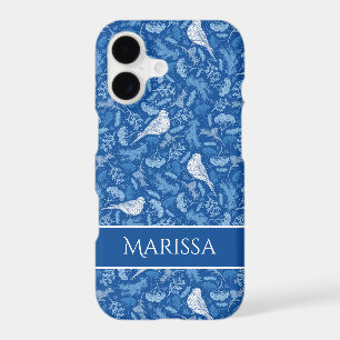 Bright Blue and Winter White Birds Floral Pattern