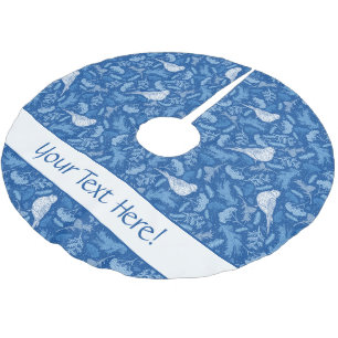 Bright Blue and Winter White Birds Floral Pattern Brushed Polyester Tree Skirt
