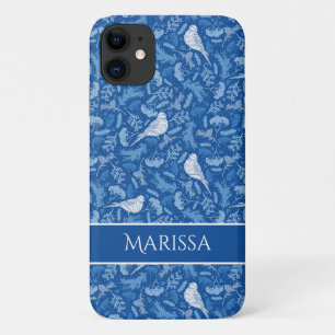 Bright Blue and Winter White Birds Floral Pattern iPhone 11 Case