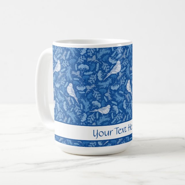 Bright Blue and Winter White Birds Floral Pattern Coffee Mug (Front Left)