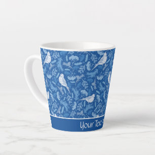 Bright Blue and Winter White Birds Floral Pattern Latte Mug
