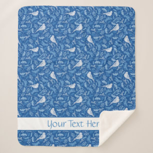 Bright Blue and Winter White Birds Floral Pattern Sherpa Blanket