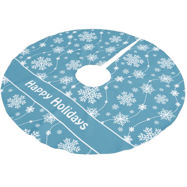 Bright Blue and Winter White Snowflake Monogram Brushed Polyester Tree Skirt (Angled)