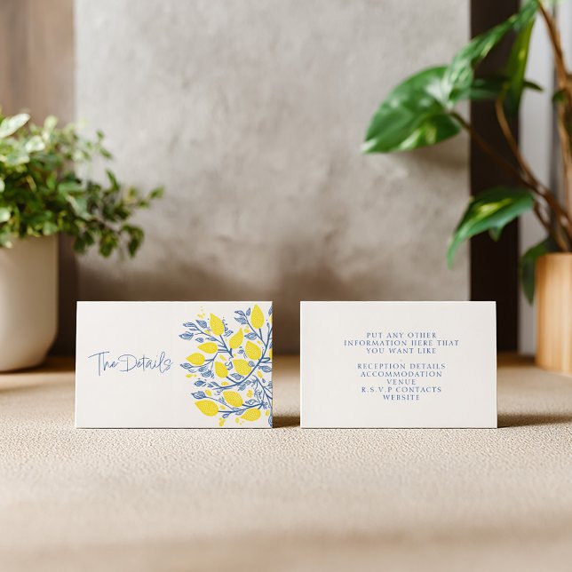 Bright blue and yellow lemon vines the details enclosure card (The details wedding enclosure card with blue and yellow lemon design)