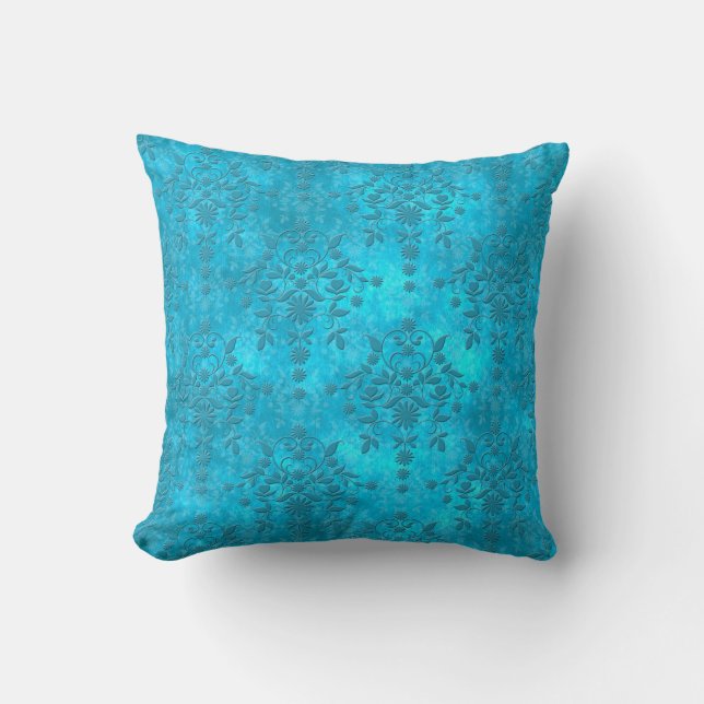Bright Blue Aqua Double Distressed Damask Cushion (Front)
