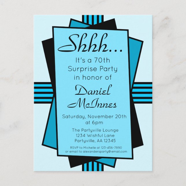 Bright Blue Art Deco 70th Surprise Party Birthday Invitation Postcard (Front)