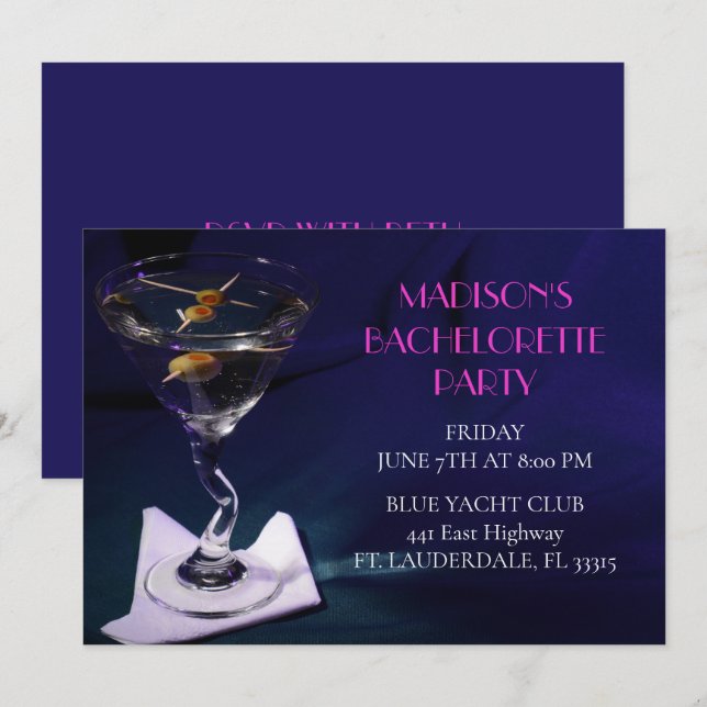 Bright Blue Bachelorette Martini  Bridal Party Invitation (Front/Back)