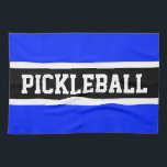 Bright Blue Black Racing Stripes PICKLEBALL Text  Tea Towel<br><div class="desc">This fun design features big sports letters inside a black stripe highlighted with white stripes against a bright blue background.  The colours and PICKLEBALL text in this template design can be personalised.</div>