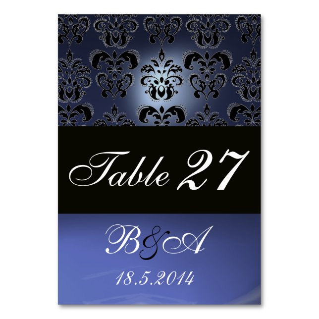 BRIGHT BLUE BLACK WHITE CLASSY DAMASK MONOGRAM TABLE NUMBER (Front)